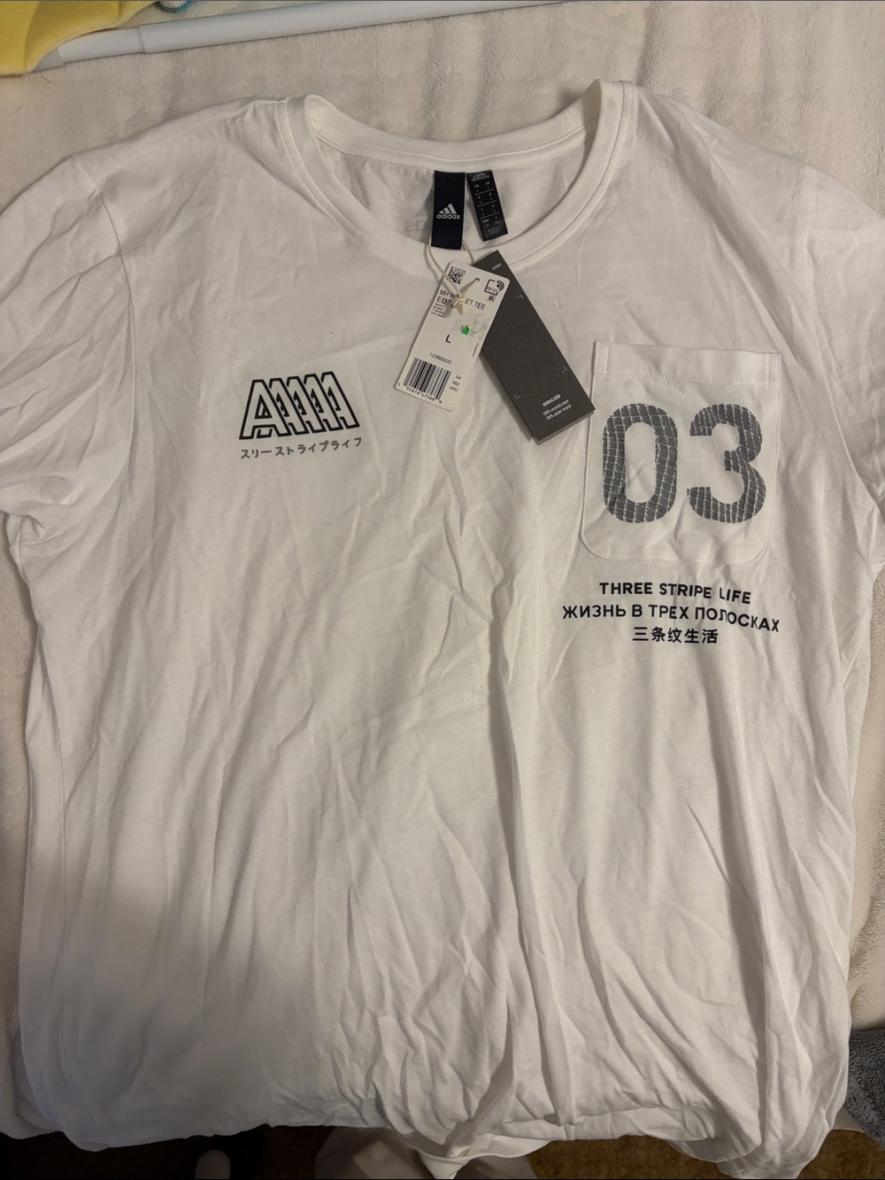 adidas White Short-Sleeve Graphic Pocket T-Shirt with '03' Detail